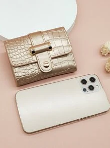 MINGYOU 金属鳄鱼压纹折叠信用卡小号证件窗口双折女士钱包便携现金白领女性大学工作商务通勤办公室周年纪念情侣生日礼物情人节礼物女士钱包钱包小钱包 - 金色 - 查看 7