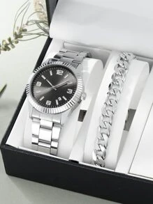1pc Men Quartz Watch & 1pc Bracelet - Silver - View 1
