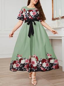 Modelyn Đầm Plus Size Thắt lưng Hoa Thanh lịch - màu xanh lá - Xem 1