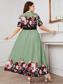 Modelyn Đầm Plus Size Thắt lưng Hoa Thanh lịch - màu xanh lá - Xem 2