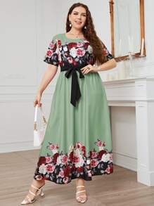 Modelyn Đầm Plus Size Thắt lưng Hoa Thanh lịch - màu xanh lá - Xem 3
