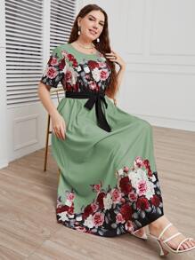 Modelyn Đầm Plus Size Thắt lưng Hoa Thanh lịch - màu xanh lá - Xem 5
