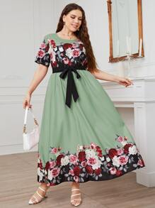 Modelyn Đầm Plus Size Thắt lưng Hoa Thanh lịch - màu xanh lá - Xem 6