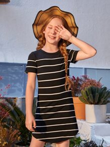 SHEIN Tween Girl Striped Curved Hem Tee Dress - Black - View 3