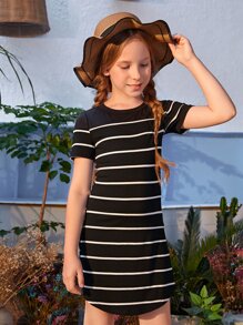 SHEIN Tween Girl Striped Curved Hem Tee Dress - Black - View 5