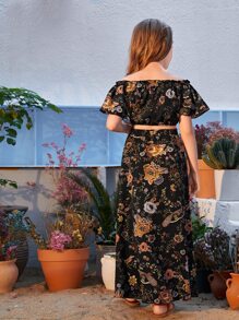 SHEIN Leap Crew 青少女露肩花卉印花上衣+分裂大腿裙套裝 - 黑色 - 查看 3