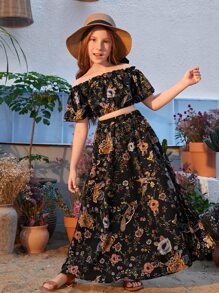 SHEIN Leap Crew 青少女露肩花卉印花上衣+分裂大腿裙套裝 - 黑色 - 查看 5