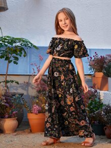 SHEIN Leap Crew 青少女露肩花卉印花上衣+分裂大腿裙套裝 - 黑色 - 查看 6