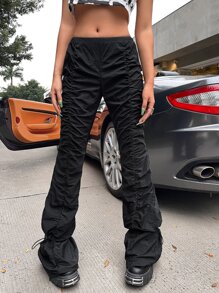 SHEIN ICON Gorpcore 90s Low Rise Ruched Drawstring Detail Solid Trousers - Black - View 3
