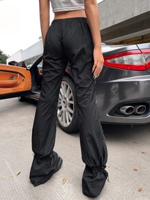 SHEIN ICON Gorpcore 90s Low Rise Ruched Drawstring Detail Solid Trousers - Black - View 2