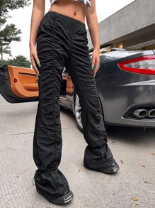 SHEIN ICON Gorpcore 90s Low Rise Ruched Drawstring Detail Solid Trousers - Black - View 4