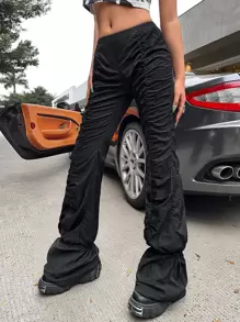 SHEIN ICON Gorpcore 90s Low Rise Ruched Drawstring Detail Solid Trousers - Black - View 1