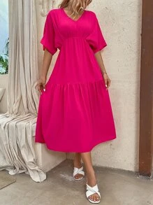 SHEIN Unity Vestido de manga murciélago unicolor bajo con fruncido - Rosa Fucsia - Ver 2