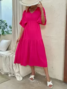 SHEIN Unity Vestido de manga murciélago unicolor bajo con fruncido - Rosa Fucsia - Ver 1