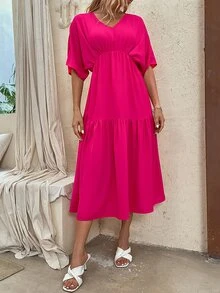 SHEIN Unity Vestido de manga murciélago unicolor bajo con fruncido - Rosa Fucsia - Ver 6