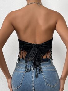 SHEIN VCAY 提花提花蕾絲流蘇下擺後綁帶短款抹胸上衣 - 黑色 - 查看 1
