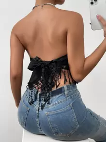 SHEIN VCAY 提花提花蕾絲流蘇下擺後綁帶短款抹胸上衣 - 黑色 - 查看 2