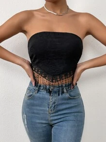 SHEIN VCAY 提花提花蕾絲流蘇下擺後綁帶短款抹胸上衣 - 黑色 - 查看 4