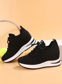 Letter Patch Decor Lace-up Front Wedge Sneakers - Black - View 1