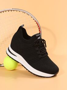 Letter Patch Decor Lace-up Front Wedge Sneakers - Black - View 2