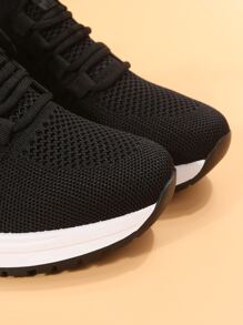 Letter Patch Decor Lace-up Front Wedge Sneakers - Black - View 4