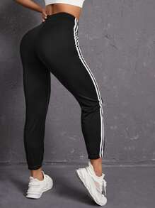 Yoga Basic 側拼接細條紋褲 - 黑色 - 查看 2