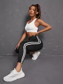 Yoga Basic 側拼接細條紋褲 - 黑色 - 查看 5