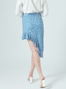 EURMUSE Allover Heart Print Asymmetrical Hem Skirt - Blue - View 2