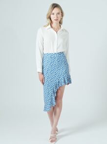 EURMUSE Allover Heart Print Asymmetrical Hem Skirt - Blue - View 3
