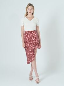 EURMUSE Allover Heart Print Asymmetrical Hem Skirt - Red - View 1