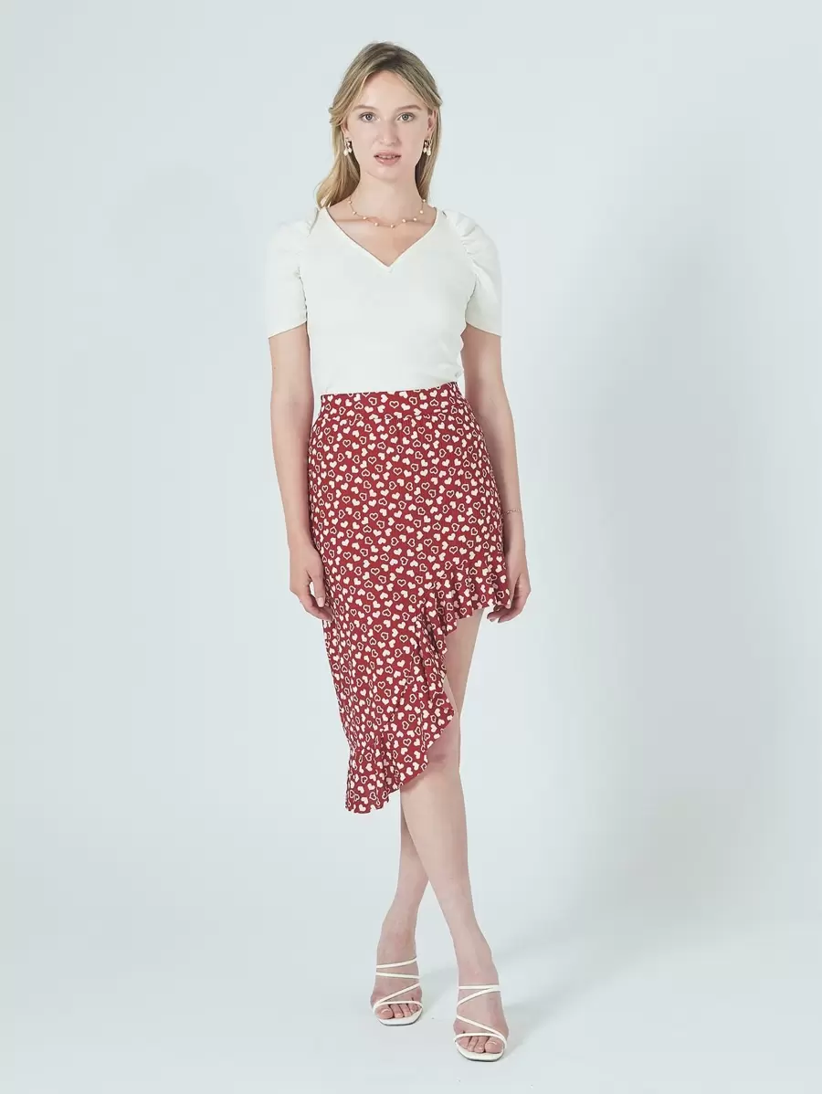 EURMUSE Allover Heart Print Asymmetrical Hem Skirt - Red - View 1