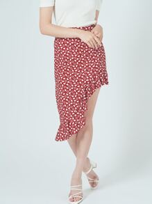 EURMUSE Allover Heart Print Asymmetrical Hem Skirt - Red - View 3