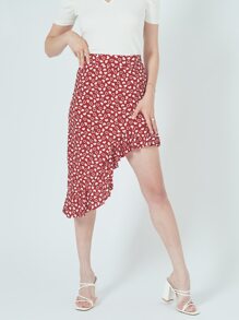 EURMUSE Allover Heart Print Asymmetrical Hem Skirt - Red - View 4