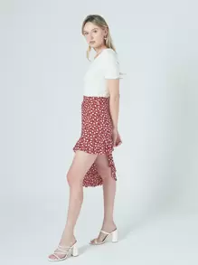 EURMUSE Allover Heart Print Asymmetrical Hem Skirt - Red - View 5