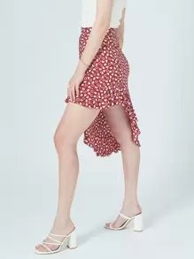 EURMUSE Allover Heart Print Asymmetrical Hem Skirt - Red - View 6