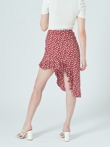 EURMUSE Allover Heart Print Asymmetrical Hem Skirt - Red - View 7