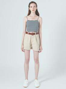 RueChic Slant Pocket Belted Roll Up Hem Shorts - Khaki - View 1
