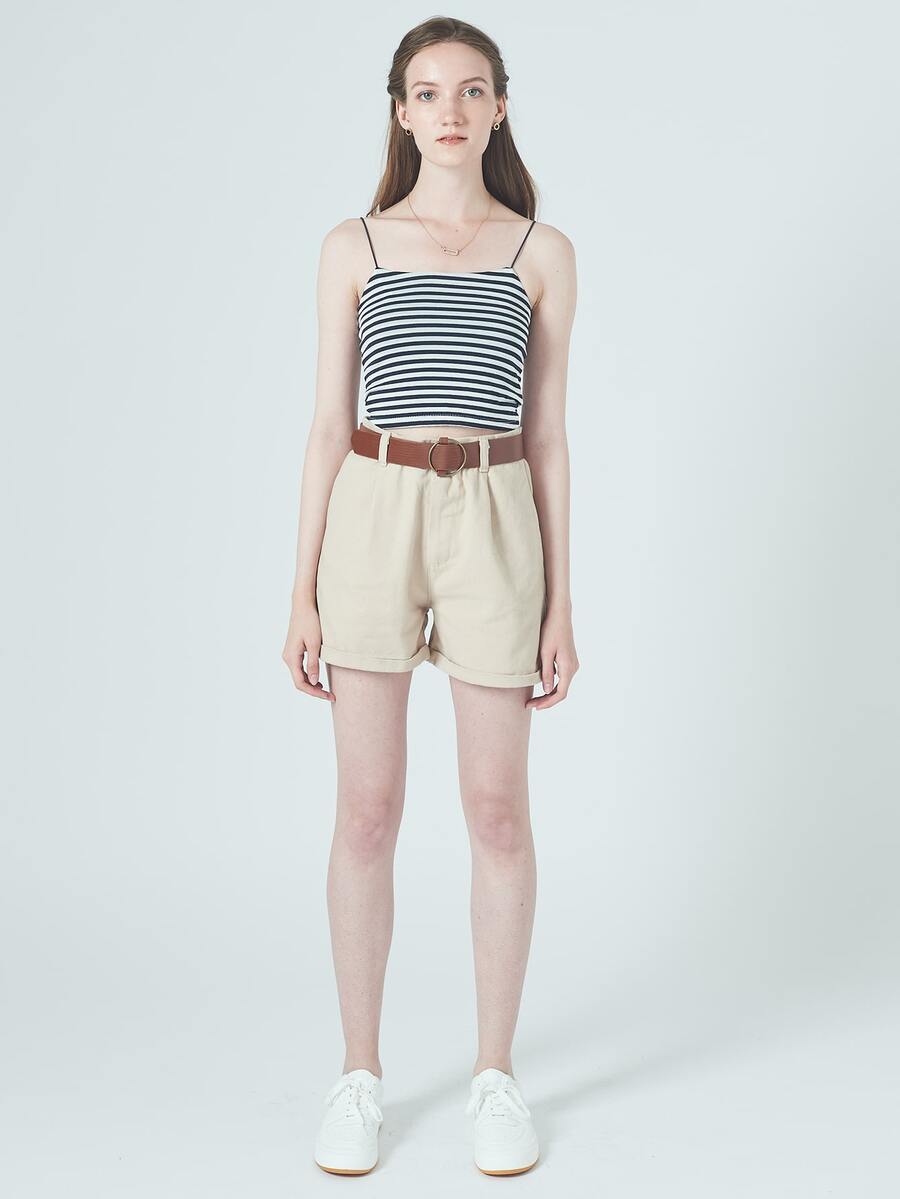 RueChic Slant Pocket Belted Roll Up Hem Shorts - Khaki - View 1