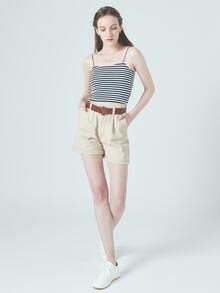 RueChic Slant Pocket Belted Roll Up Hem Shorts - Khaki - View 3