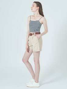 RueChic Slant Pocket Belted Roll Up Hem Shorts - Khaki - View 5