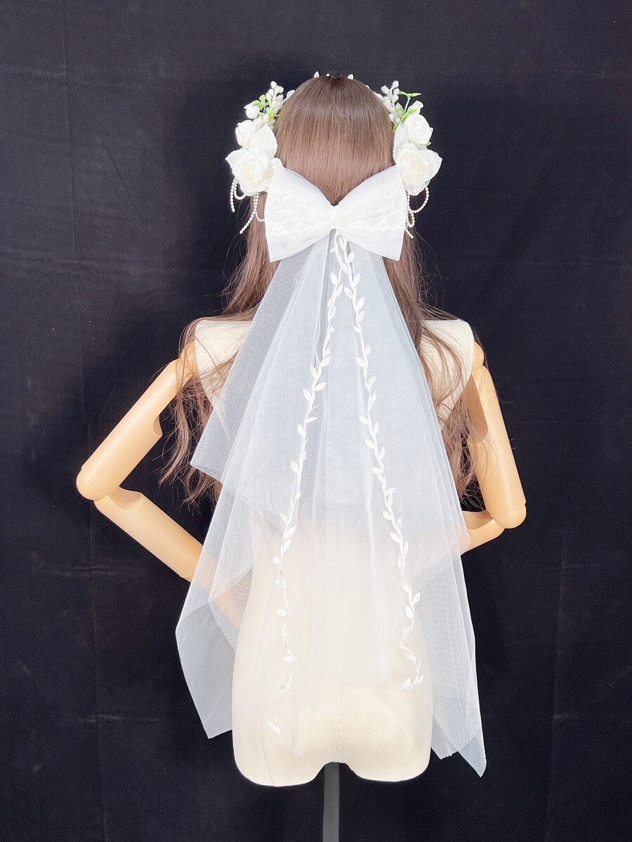 1 件花朵和蝴蝶结装饰花环新娘面纱情人节，适合花园婚礼、海滩婚礼秋季女士服装