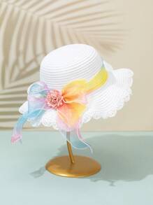 1入組無性別兒童彩色漸變網狀帽,帶有花和蝴蝶結裝飾,隨機裁剪,白色通風波浪沿太陽帽,適合戶外活動,度假和日常穿著,也非常適合搭配婚紗。 - 白色 - 查看 2