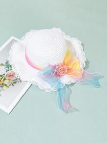 1入組無性別兒童彩色漸變網狀帽,帶有花和蝴蝶結裝飾,隨機裁剪,白色通風波浪沿太陽帽,適合戶外活動,度假和日常穿著,也非常適合搭配婚紗。 - 白色 - 查看 3