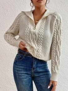 SHEIN Unity Cable Knit Half Zip Jumper - White - View 6