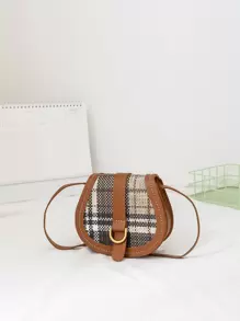 女孩格紋圖案翻蓋馬鞍包 - 棕色 - 查看 1