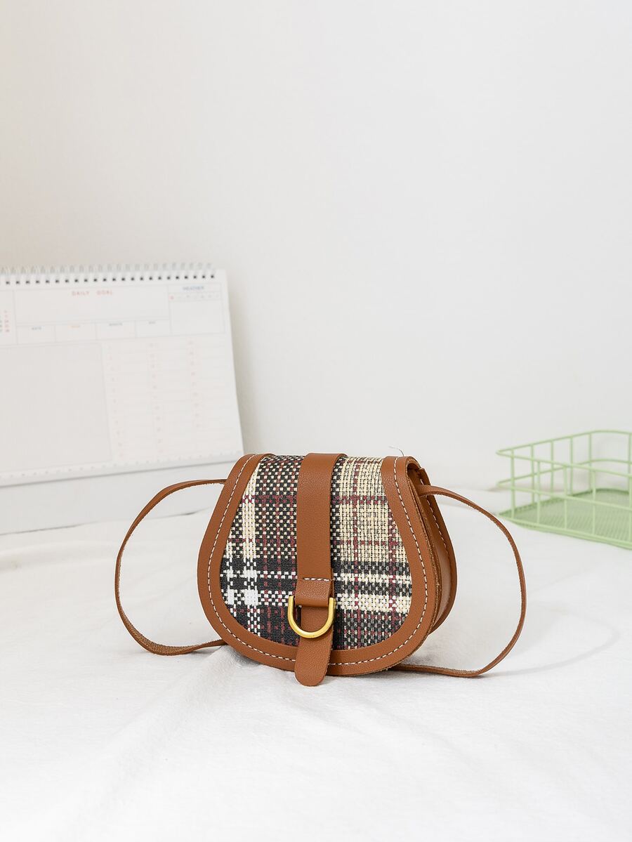 女孩格紋圖案翻蓋馬鞍包 - 棕色 - 查看 1