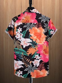 Manfinity RSRT Men Tropical Print Patched Pocket Shirt Without Tee , Short Sleeve Button Up Graphic Floral Colorful Beach Shirt , Dad And Me - Multicolor - View 2