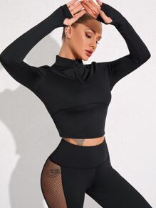 Gameset SHEIN Sport Pullover agujero para el pulgar cremallera media de malla corto deportivo - Negro - Ver 2