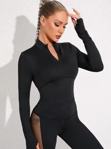 Gameset SHEIN Sport Pullover agujero para el pulgar cremallera media de malla corto deportivo - Negro - Ver 3