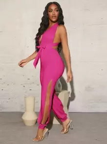 SHEIN SXY 深V領交叉露背開叉腰帶連身褲 - 粉色 - 查看 1